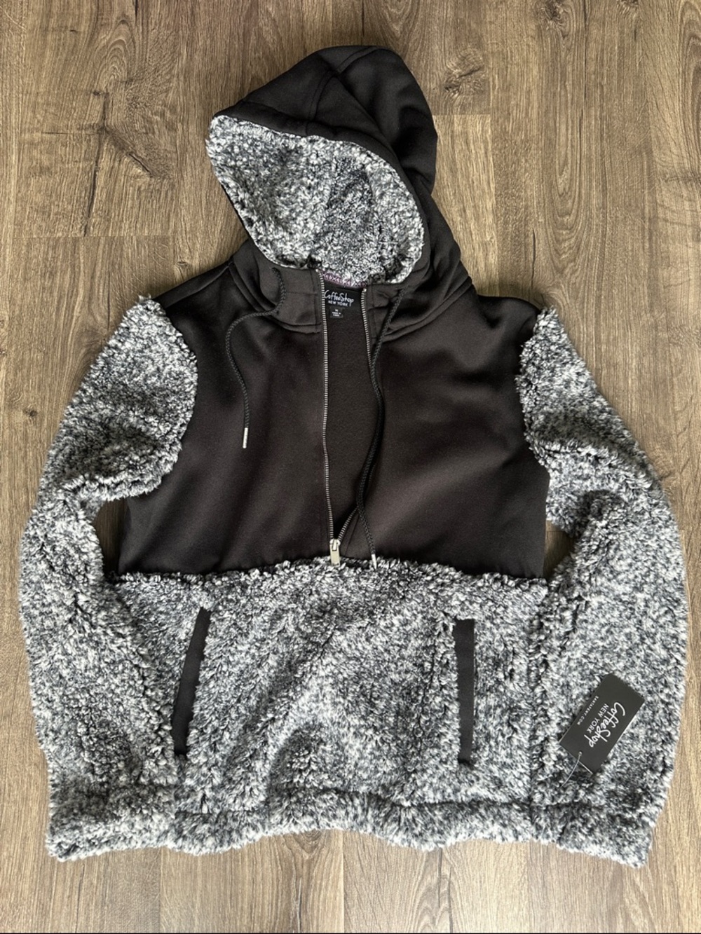 CoffeeShop Black and Gray Sherpa-Lined 1/2 Zip Hoodie - NWT